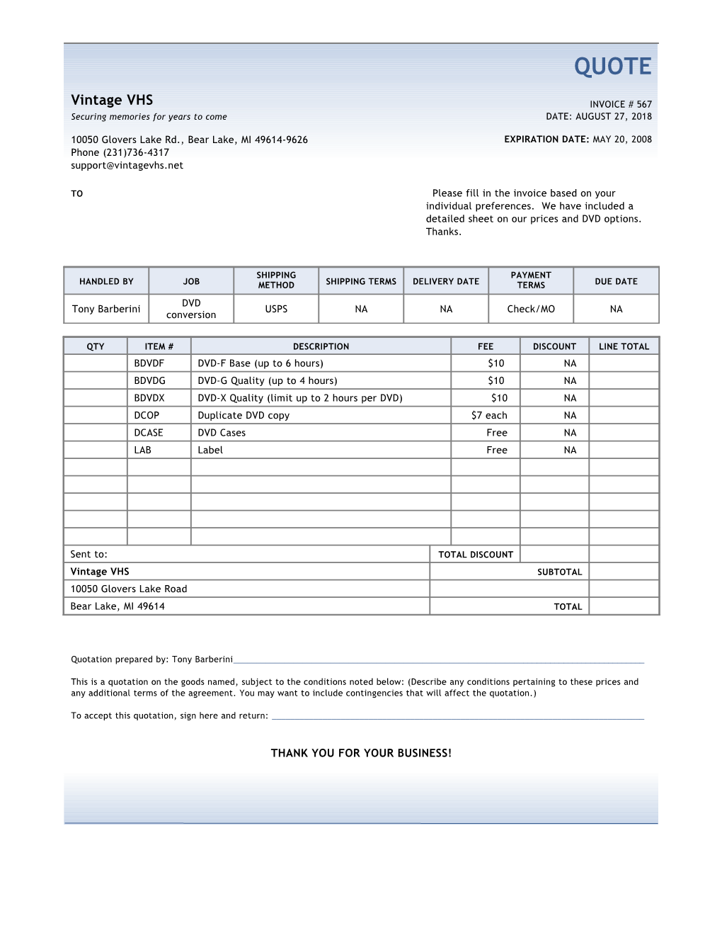 Explanation on Prices and Services