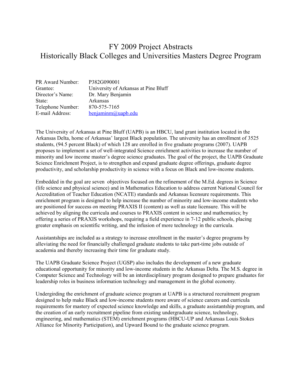FY 2009 Project Abstracts for the Historically Black Colleges and Universities Masters