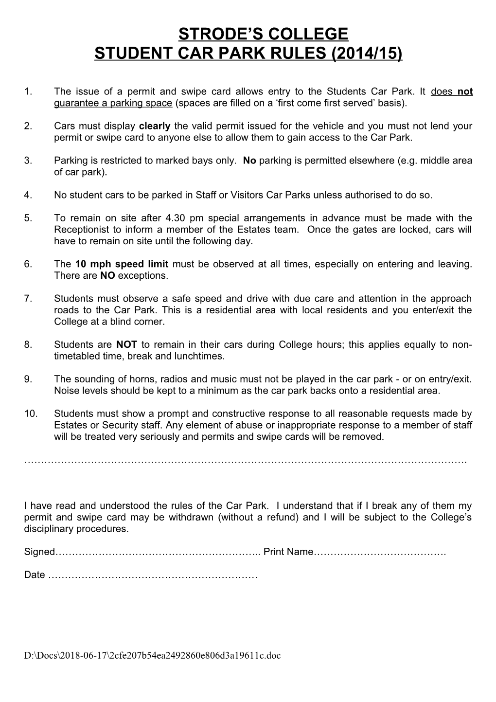 Student Car Park Rules (2014/15)