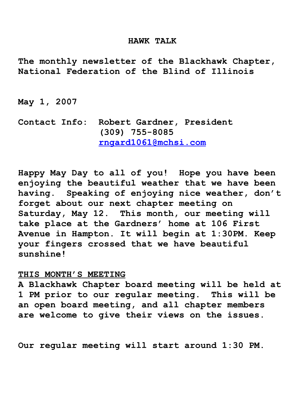 The Monthly Newsletter of the Blackhawk Chapter
