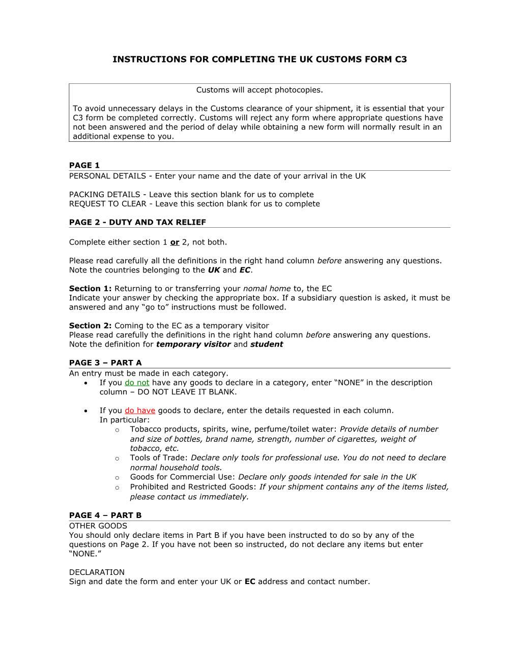 Instructions for Completing the Uk Customs Form C3