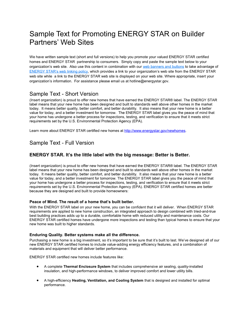 Sample Text for Promoting ENERGY STAR on Builder Partners Web Sites