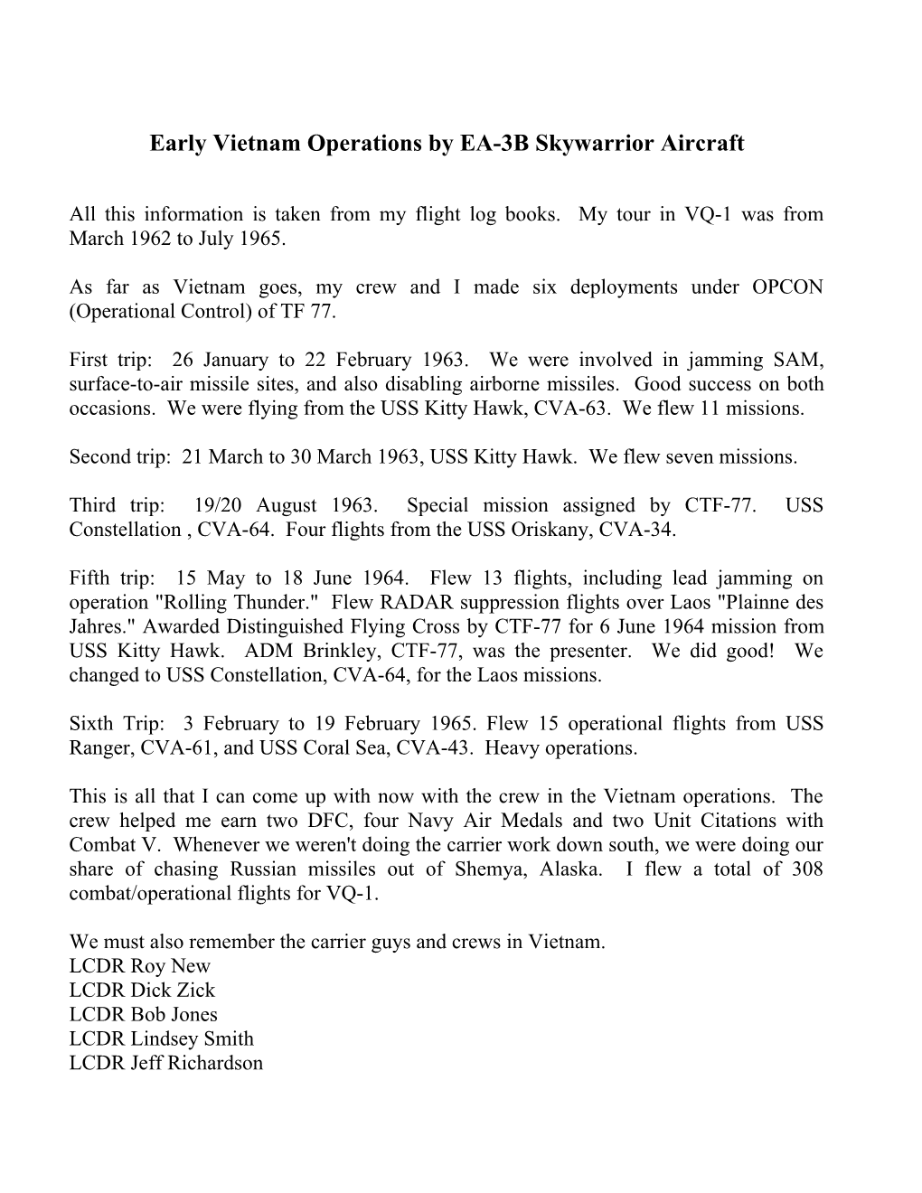 Early Vietnam Operations by EA-3B Skywarrior Aircraft