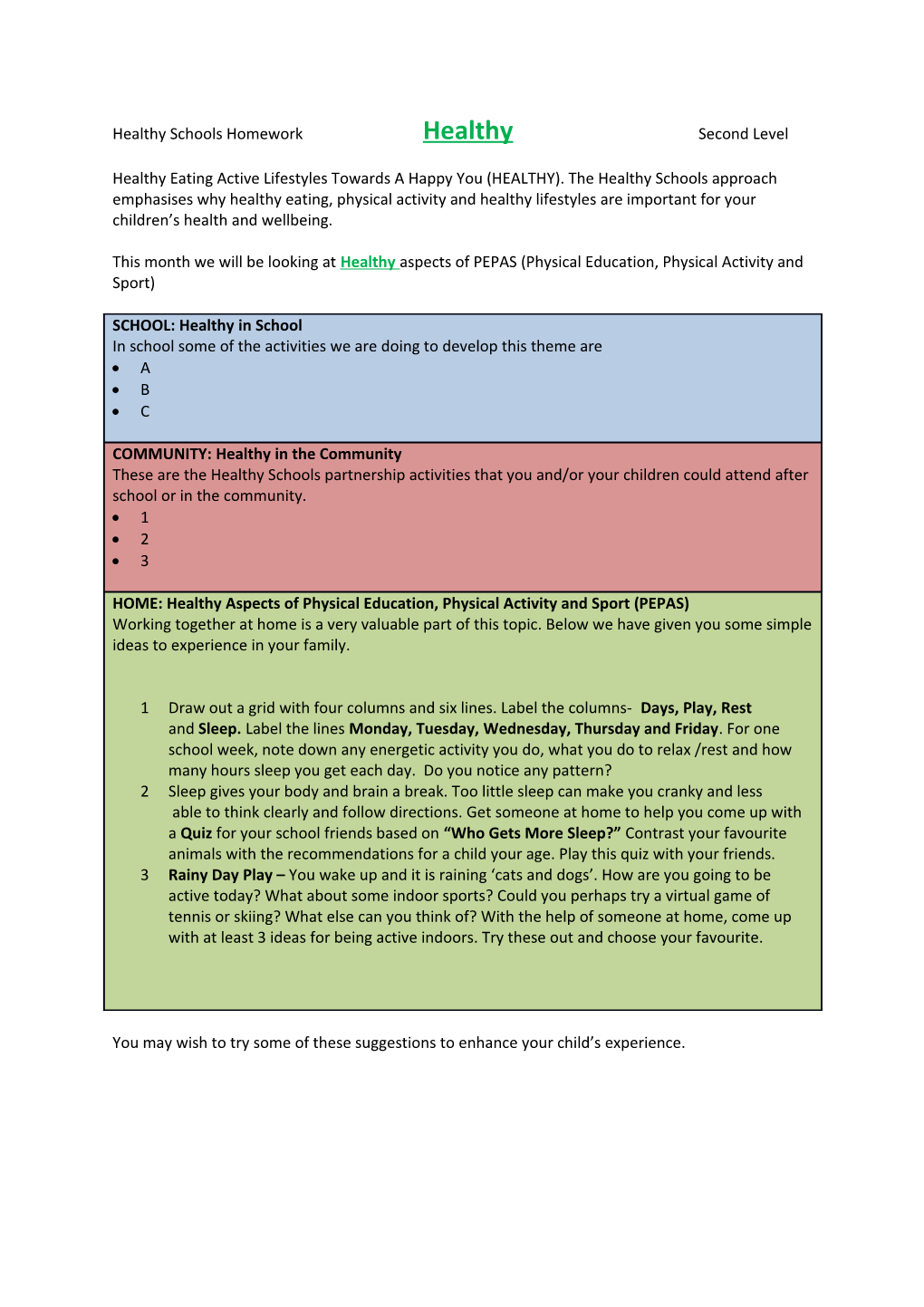 Healthy Schools Homework Healthy Second Level