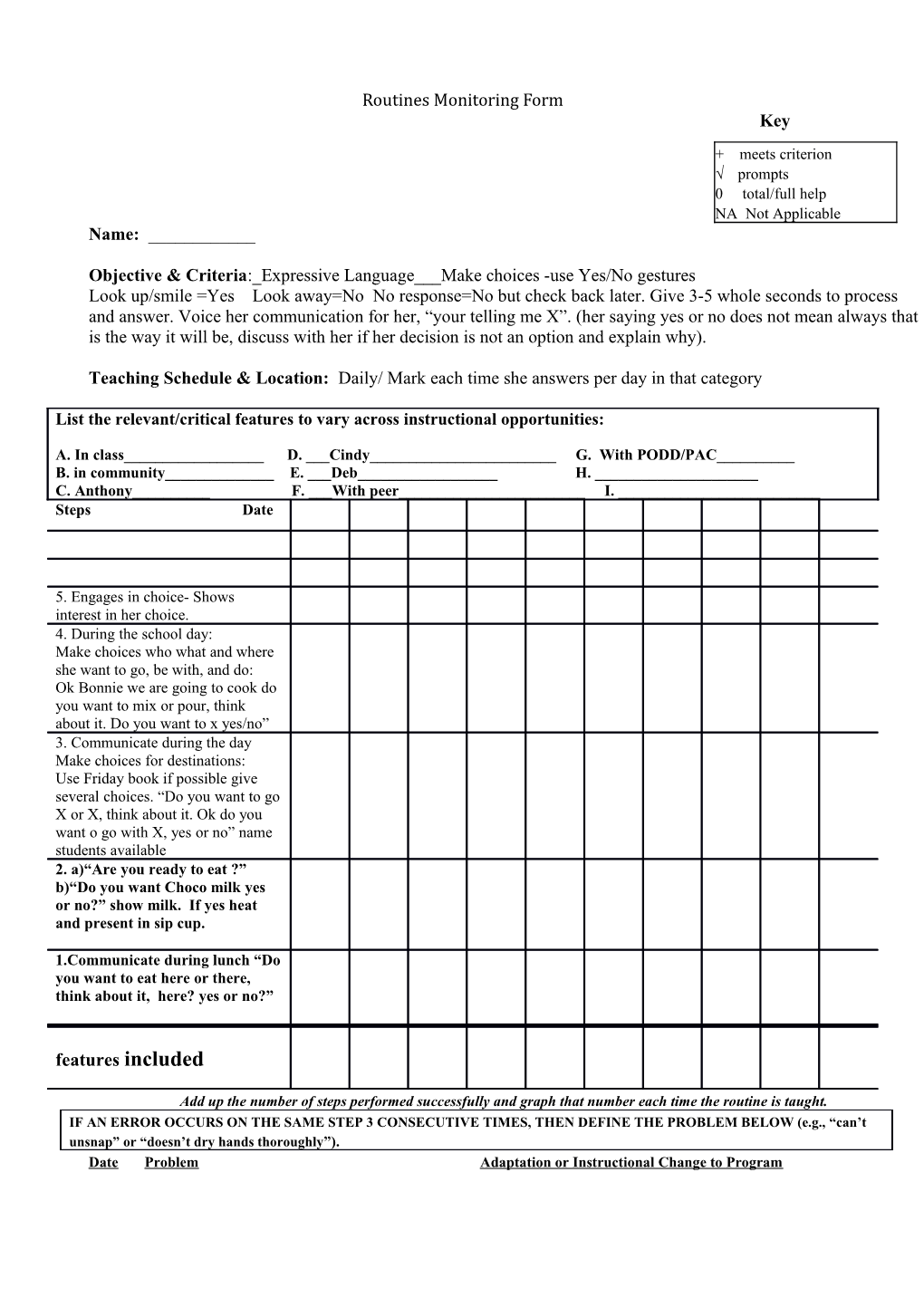 Routines Monitoring Form