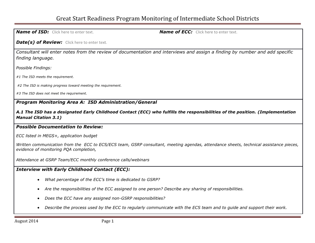 Great Start Readiness Program Monitoring of Intermediate School Districts