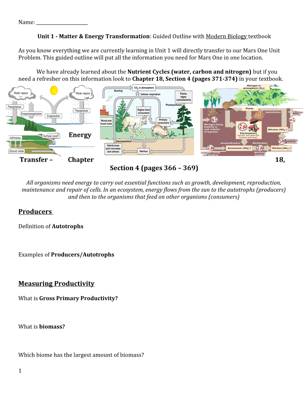 Unit 1 - Matter & Energy Transformation : Guided Outline with Modern Biology Textbook