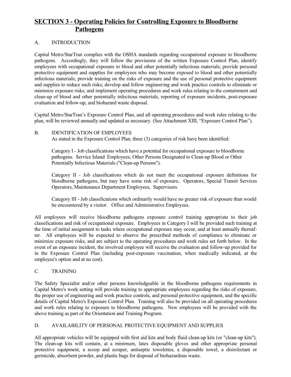 SECTION 3 - Operating Policies for Controlling Exposure to Bloodborne