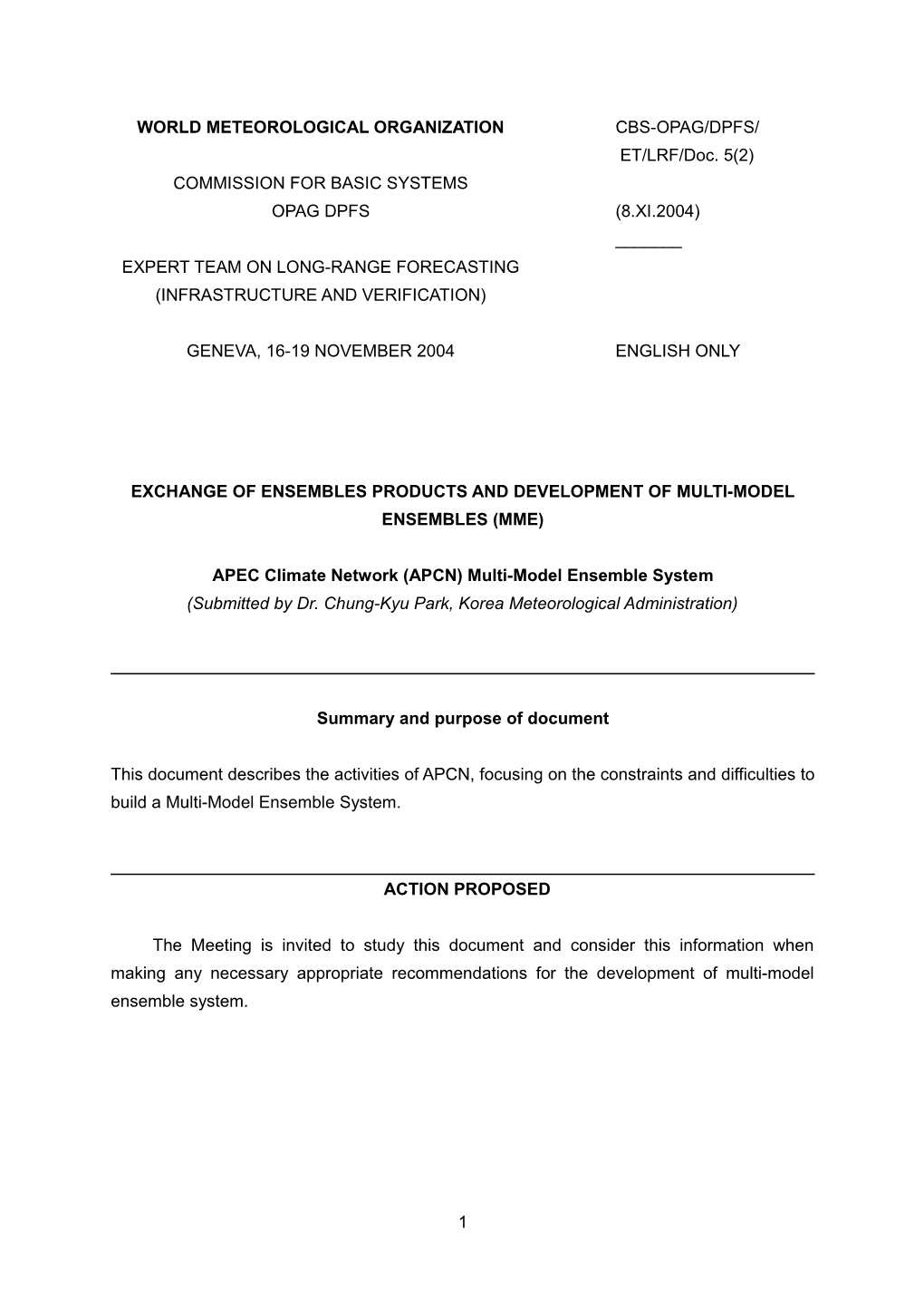 Commission for Basic System Meeting of Expert Team on Infrastructure for Long-Range Forecasting