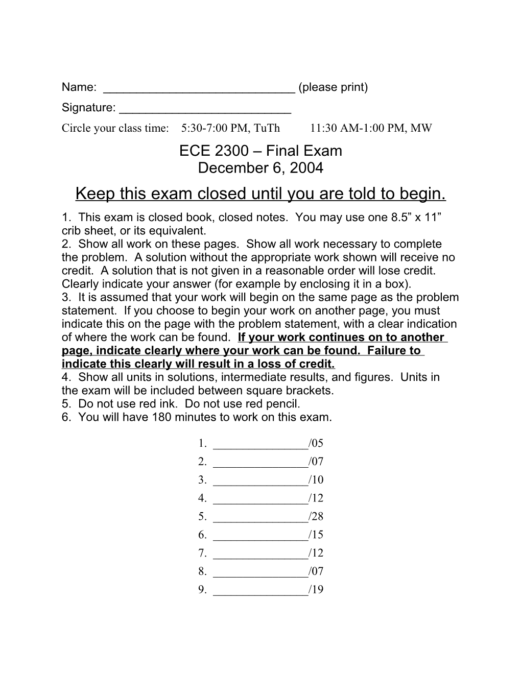 ECE 2300 Final Exam December 6, 2004 Page 1