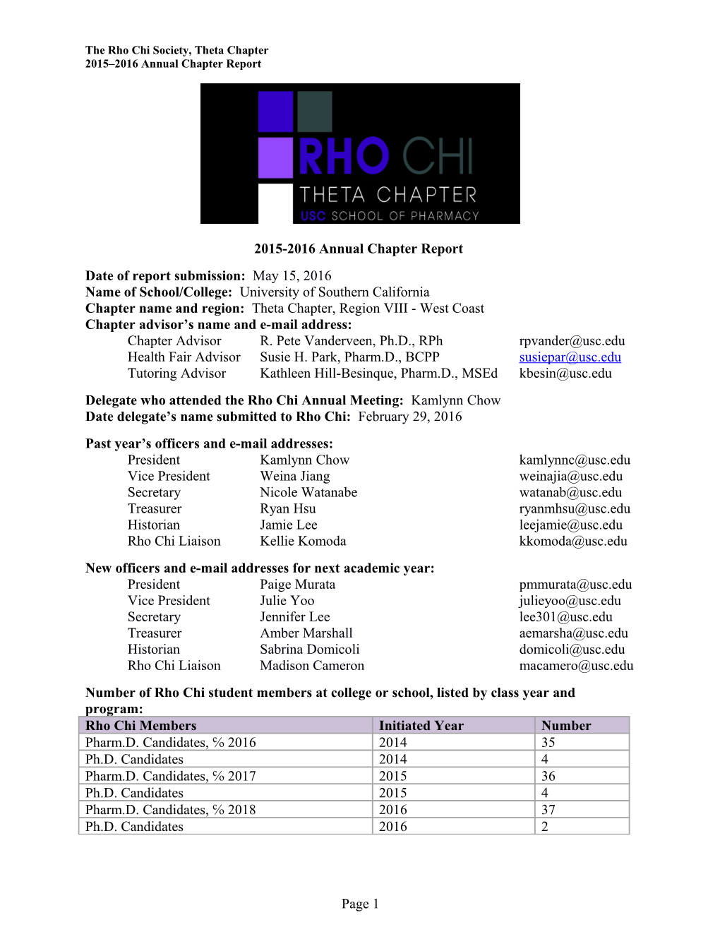 The Rho Chi Society, Theta Chapter