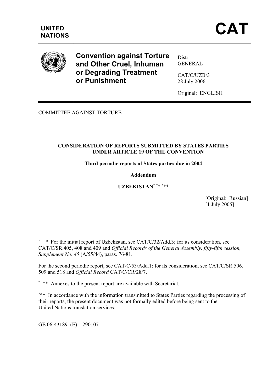 Consideration of Reports Submitted by States Partiesunder Article 19 of the Convention