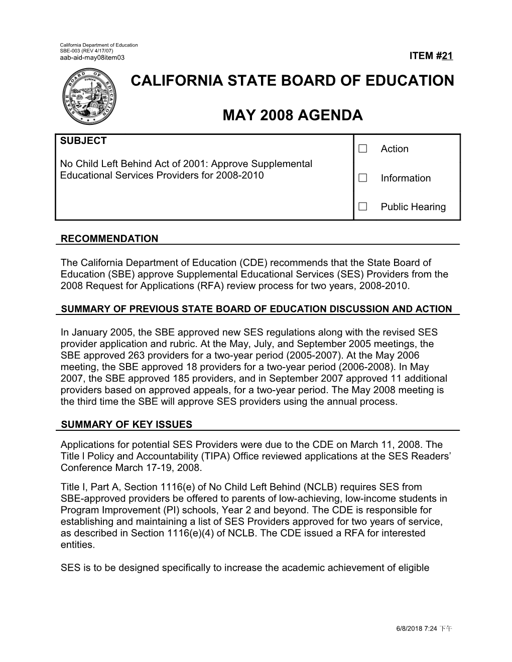 May 2008 Agenda Item 21 - Meeting Agendas (CA State Board of Education)