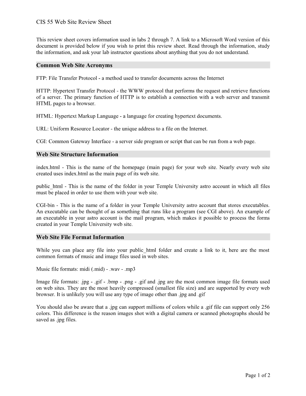 This Review Sheet Covers Information Used in Labs 2 Through 7