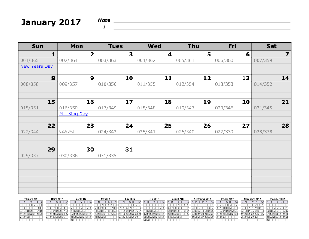 2017 Monthly Julian Calendar 12-Months