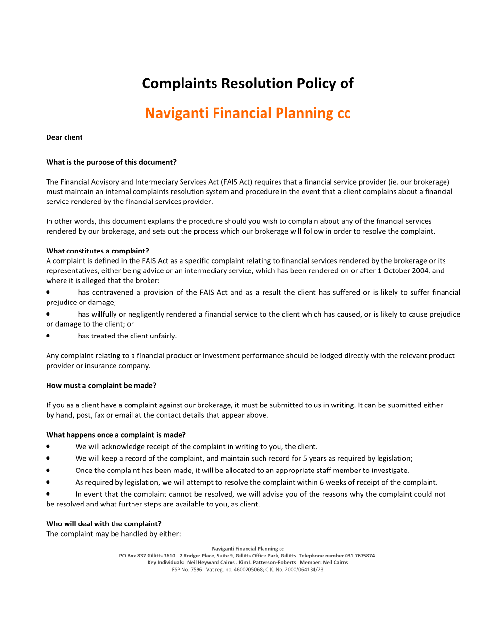 Complaints Resolution Policy Of