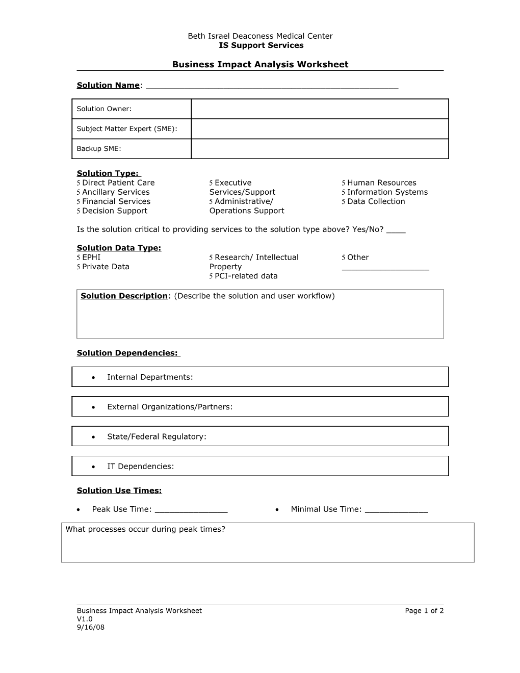 Business Impact Analysis Worksheet