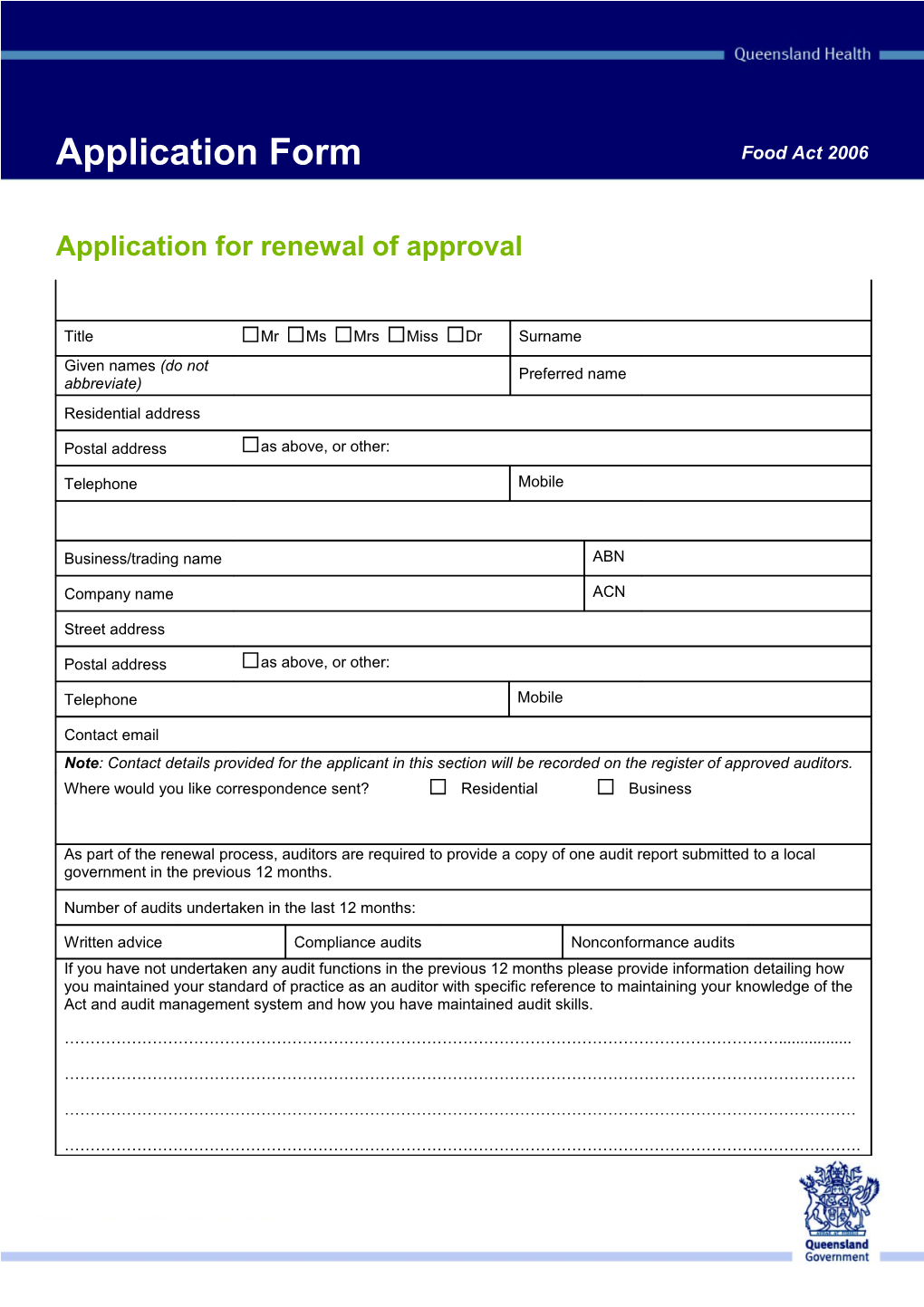 Application to Renew Approval As a Food Auditor