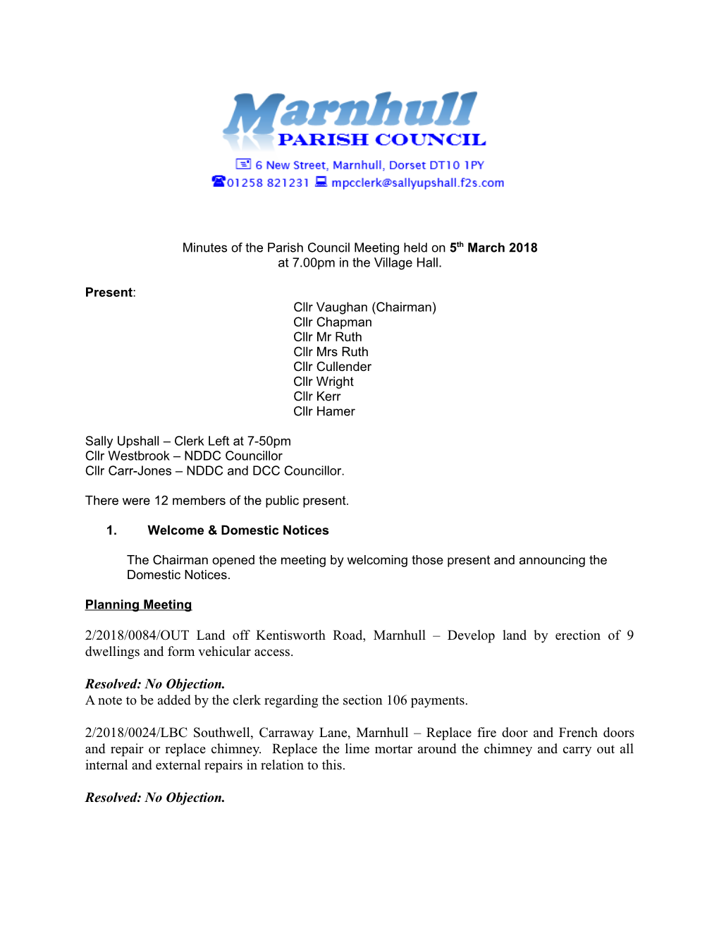Minutes of the Parish Council Meeting Held on 5Th March 2018