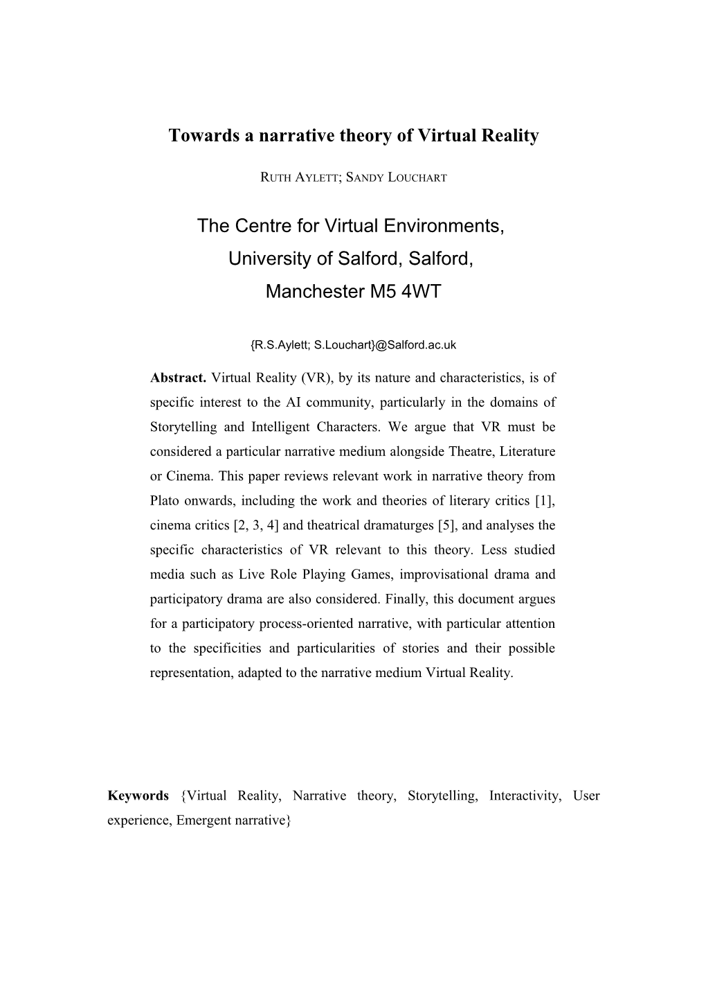 Towards a Narrative Theory of Virtual Reality