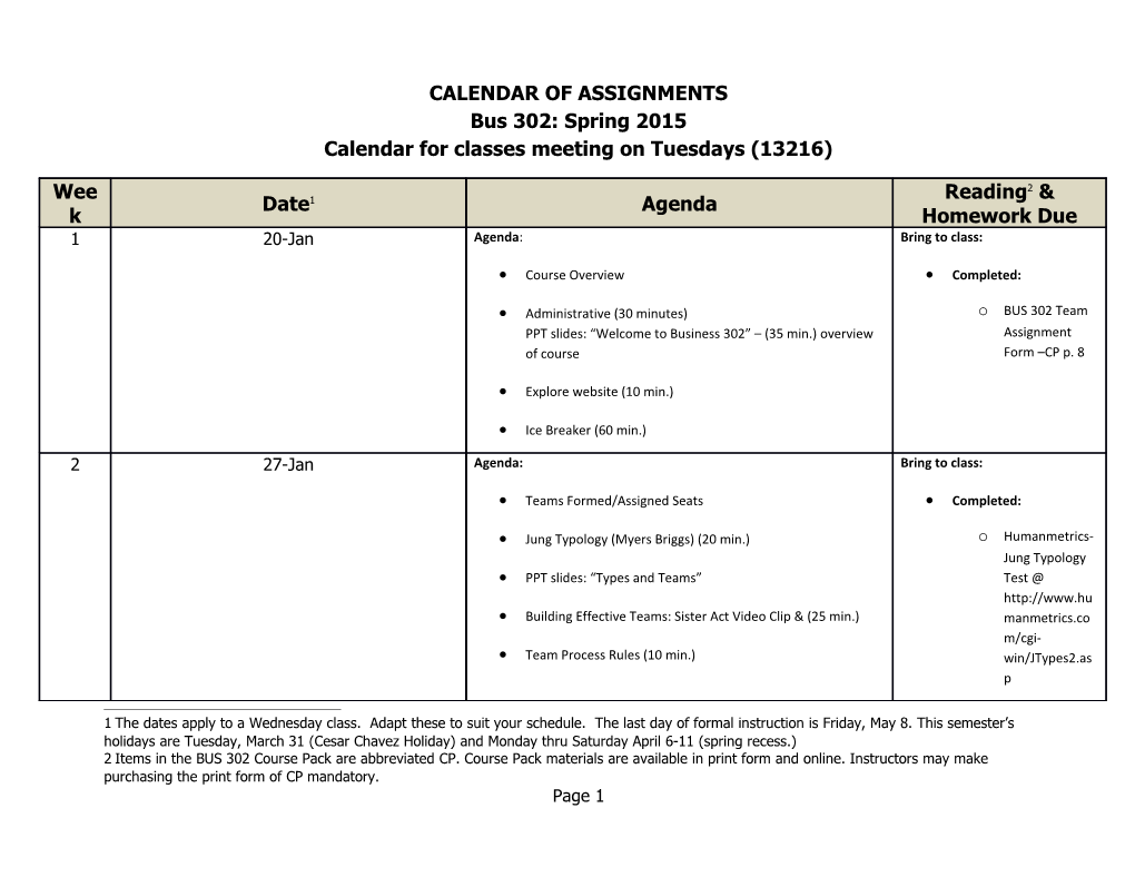 Calendar of Assignments