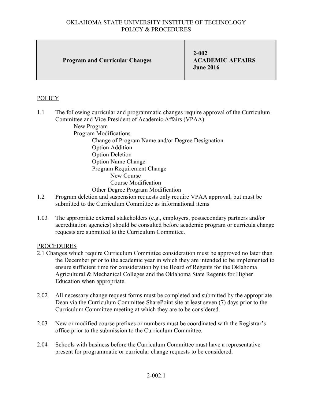 Procedure for Curricular Changes