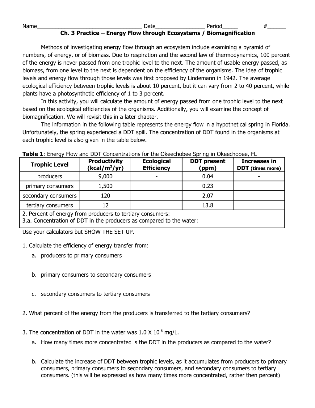 Ch. 3 Practice Energy Flow Through Ecosystems / Biomagnification