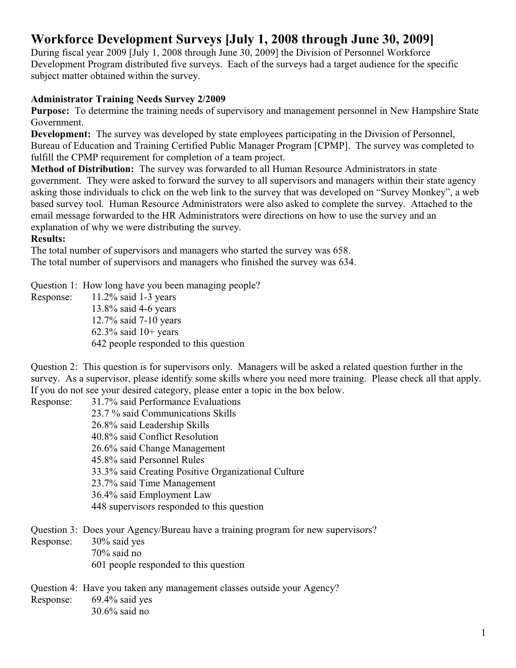 Workforce Development Surveys July 1, 2008 Through June 30, 2009