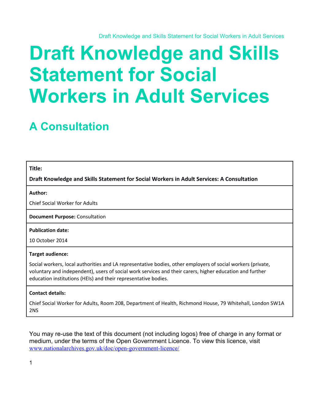 Draft Knowledge and Skills Statement for Social Workers in Adult Services