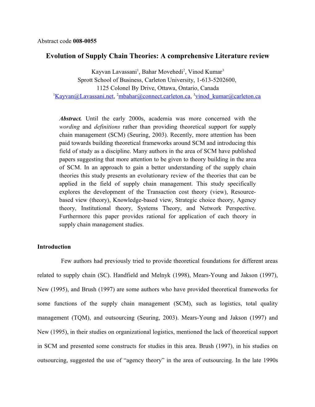 Evolution of Supply Chain Theories: a Comprehensive Literature Review