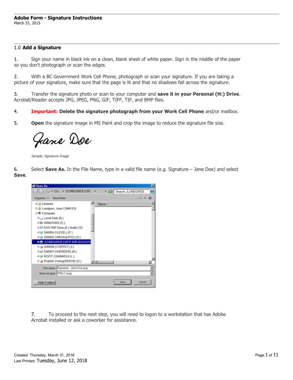 Adobe Form - Signature Instructions