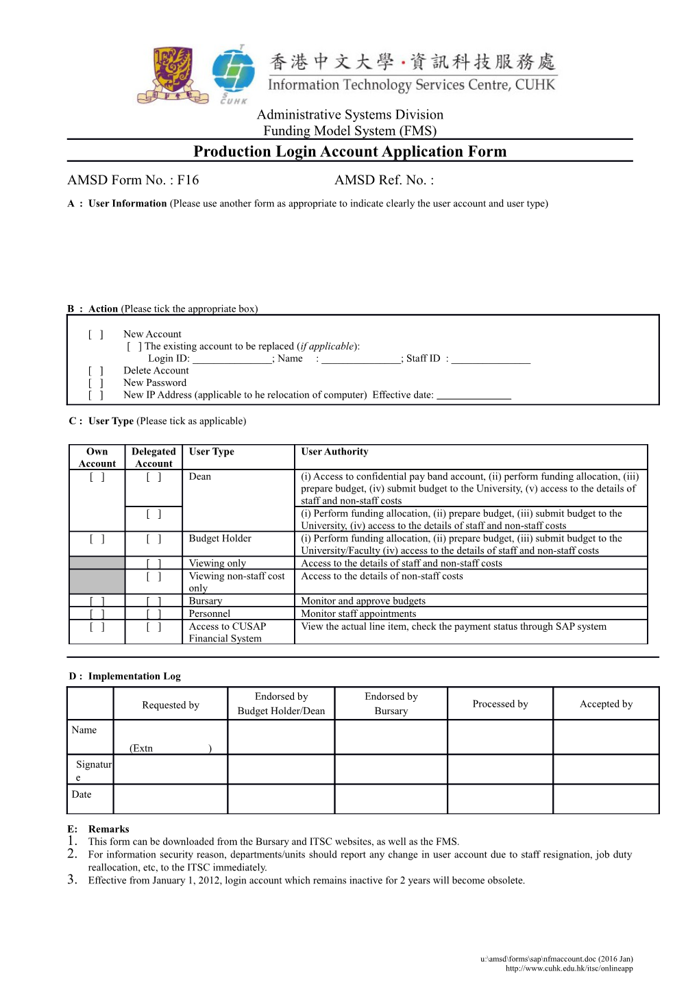 Production Login Account Application Form