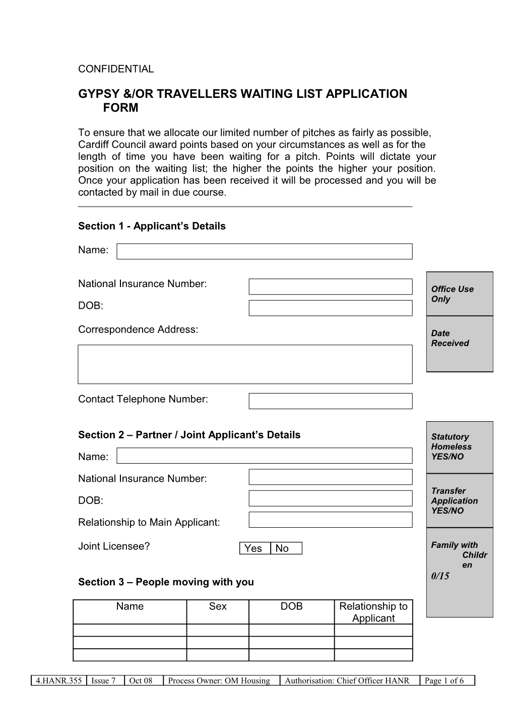 Gypsy Travellers Waiting List Apllication Form