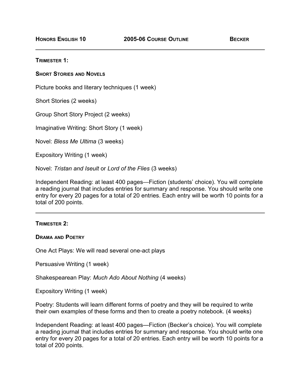 Sophomore English 2005-06 Course Outline