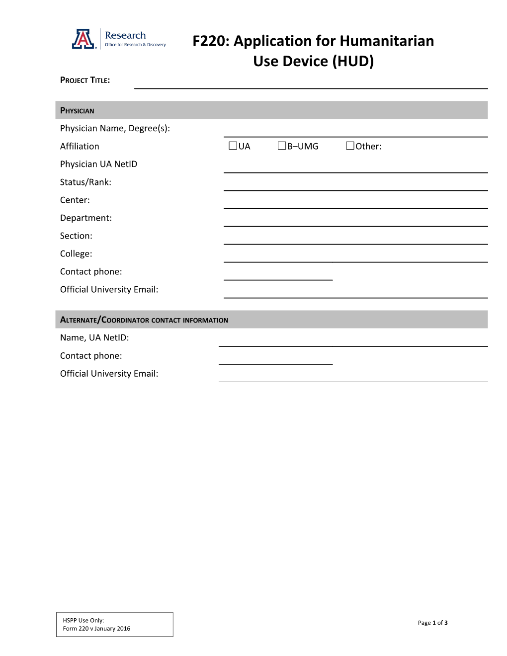 FORM: Application for Humanitarian Use Device (HUD)