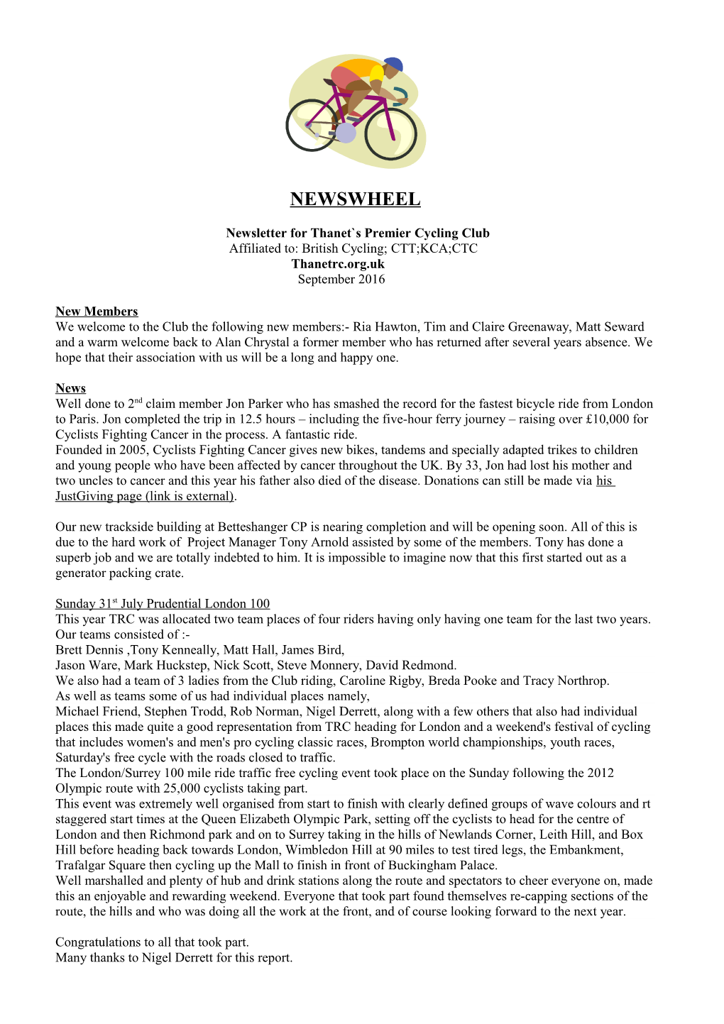 Newsletter for Thanet S Premier Cycling Club