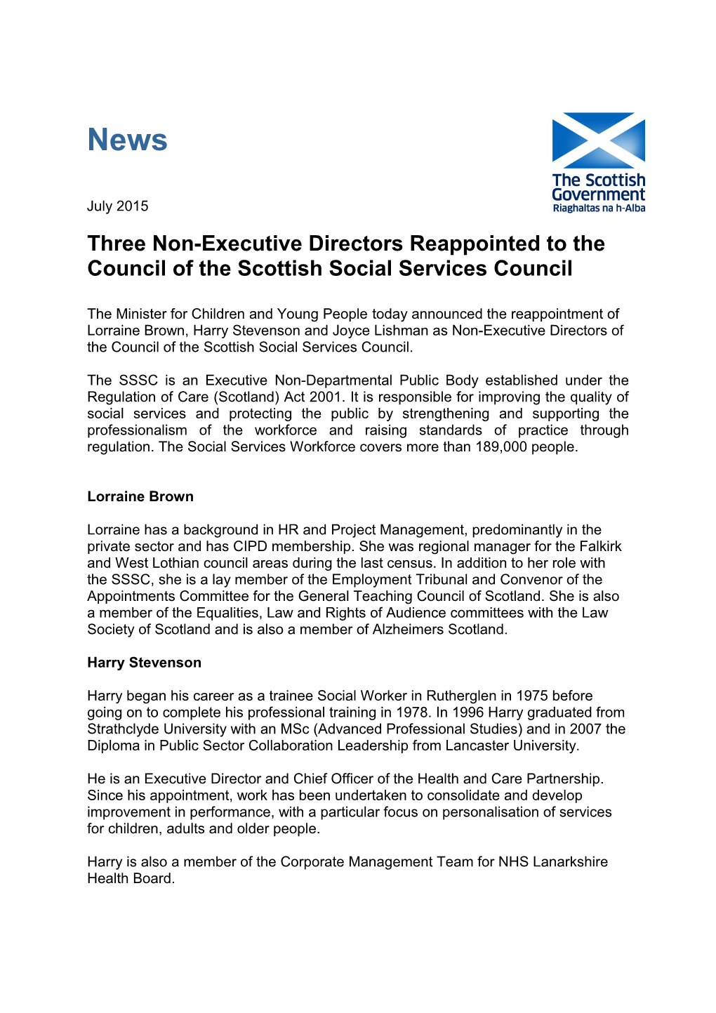 Three Non-Executive Directors Reappointed to the Council of the Scottish Social Services