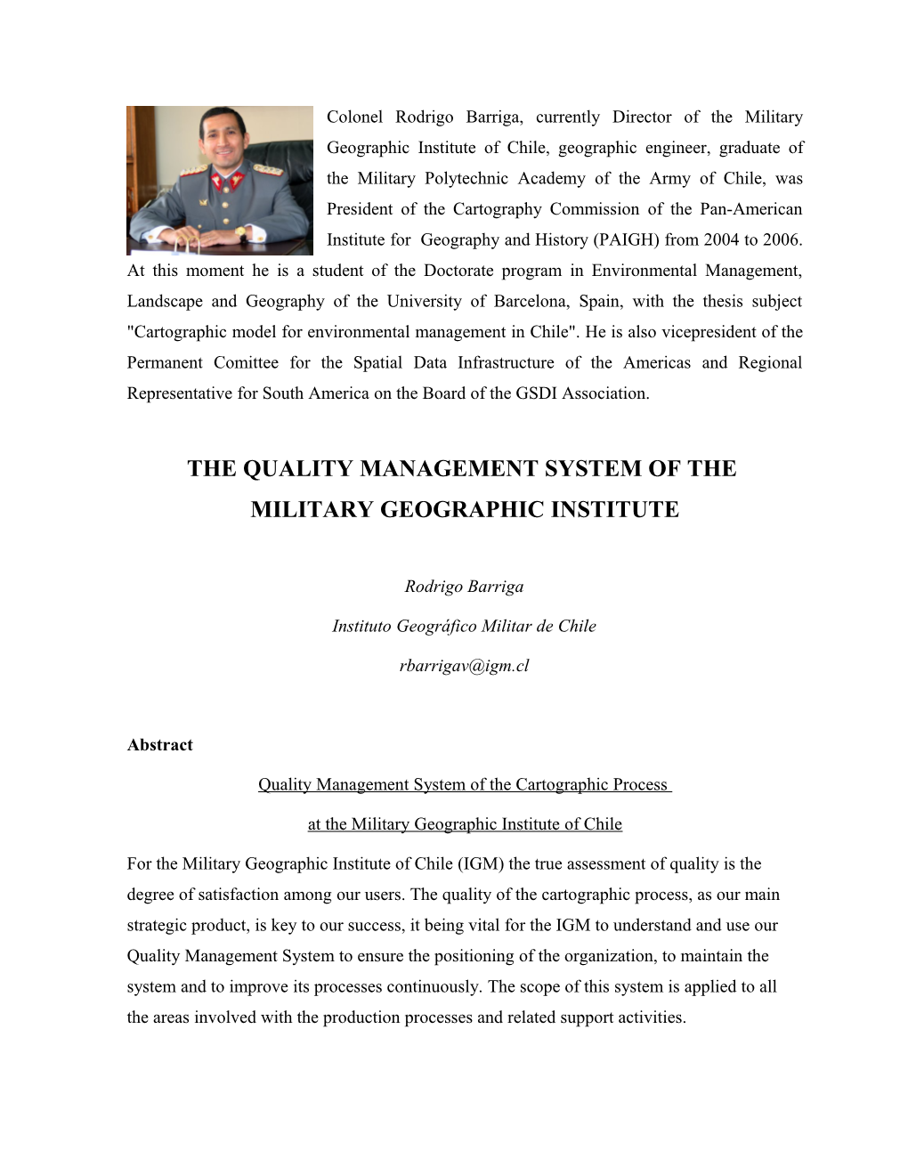 Informe Acerca Del Sistema De Gestion De Calidad Del Instituto Geografico Militar