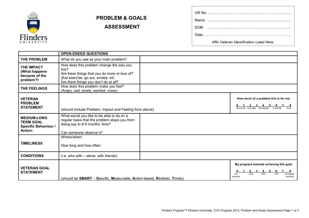 Flinders Program Flinders University. CVC Program 2012. Problem and Goals Assessment Page 1 of 1