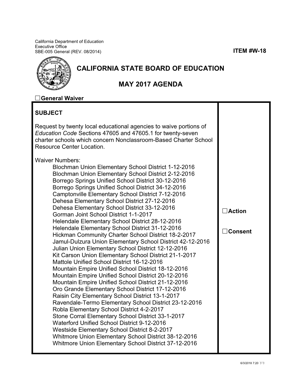 May 2017 Agenda Item W-18 - Meeting Agendas (CA State Board of Education)