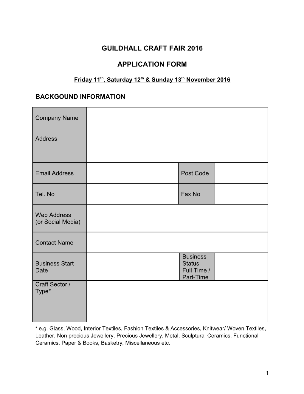 Selection Criteria for Crafts in the City 2002