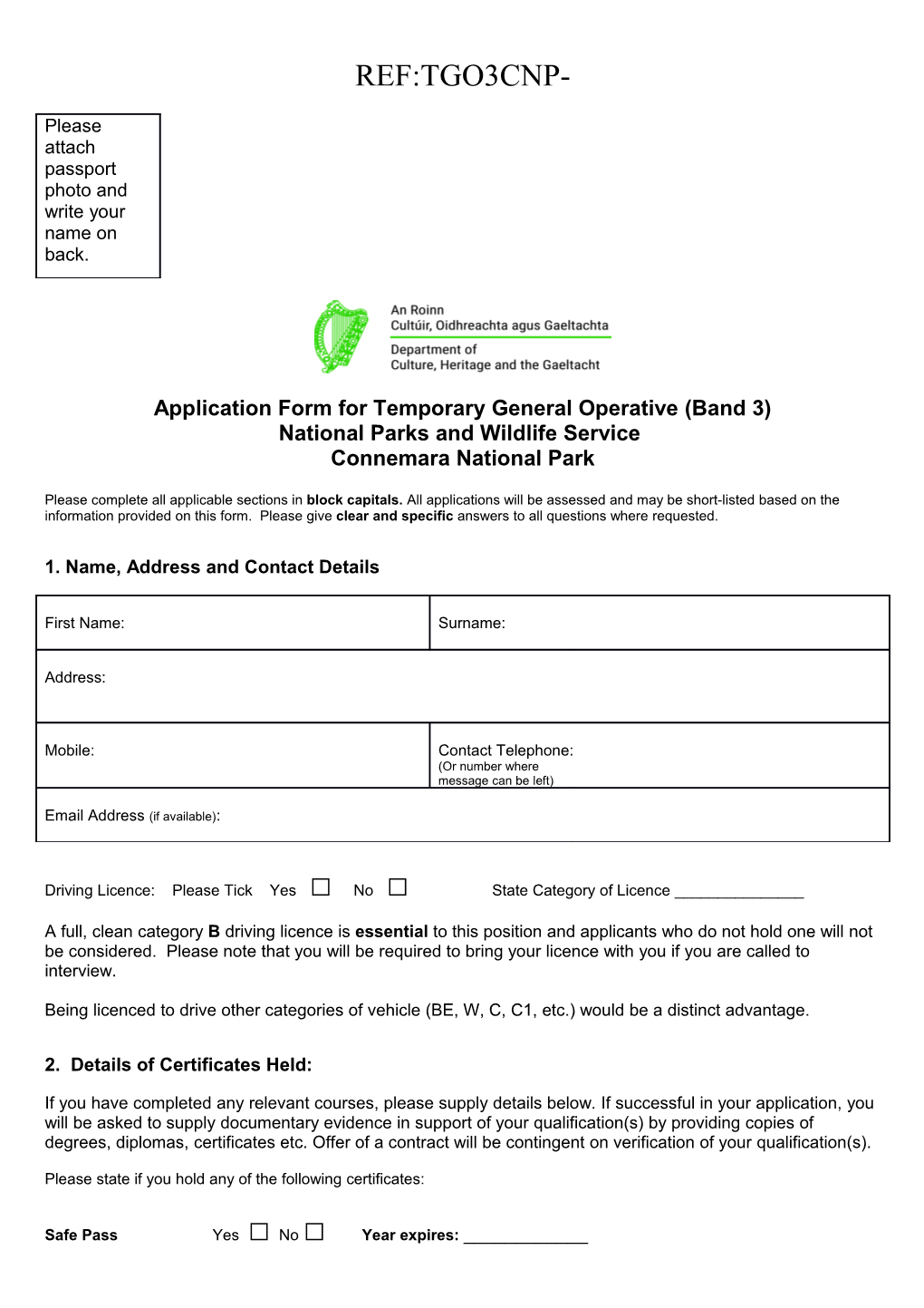 Application Form for Temporary General Operative (Band 3)