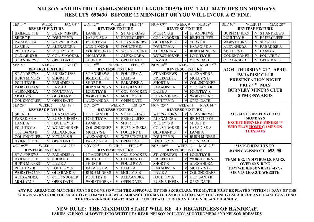 Nelson and District Semi-Snooker League Div