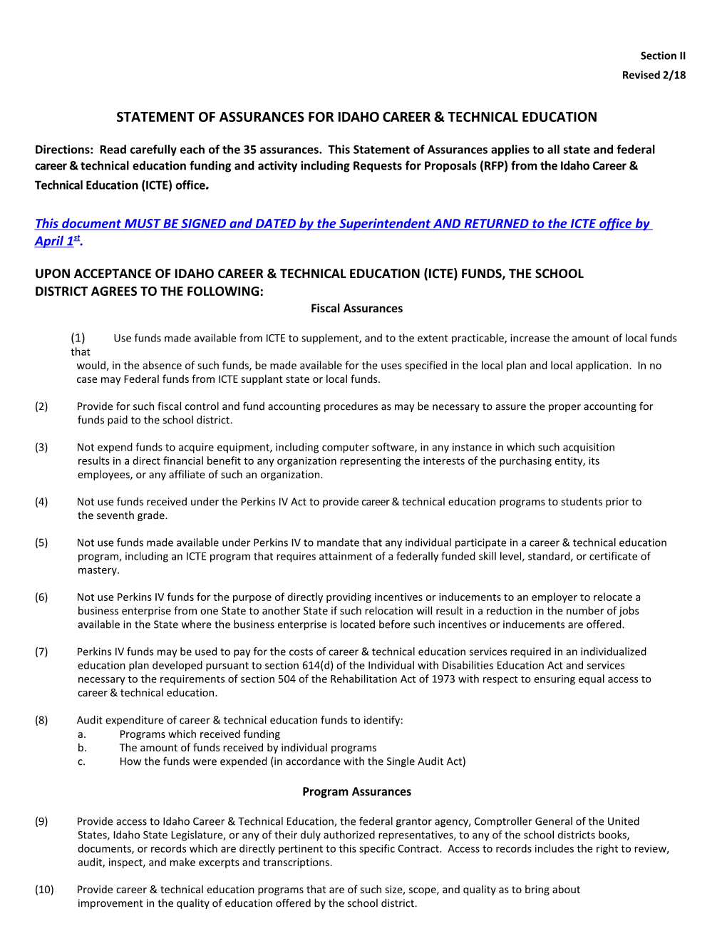 10C Form Secondary Assurances