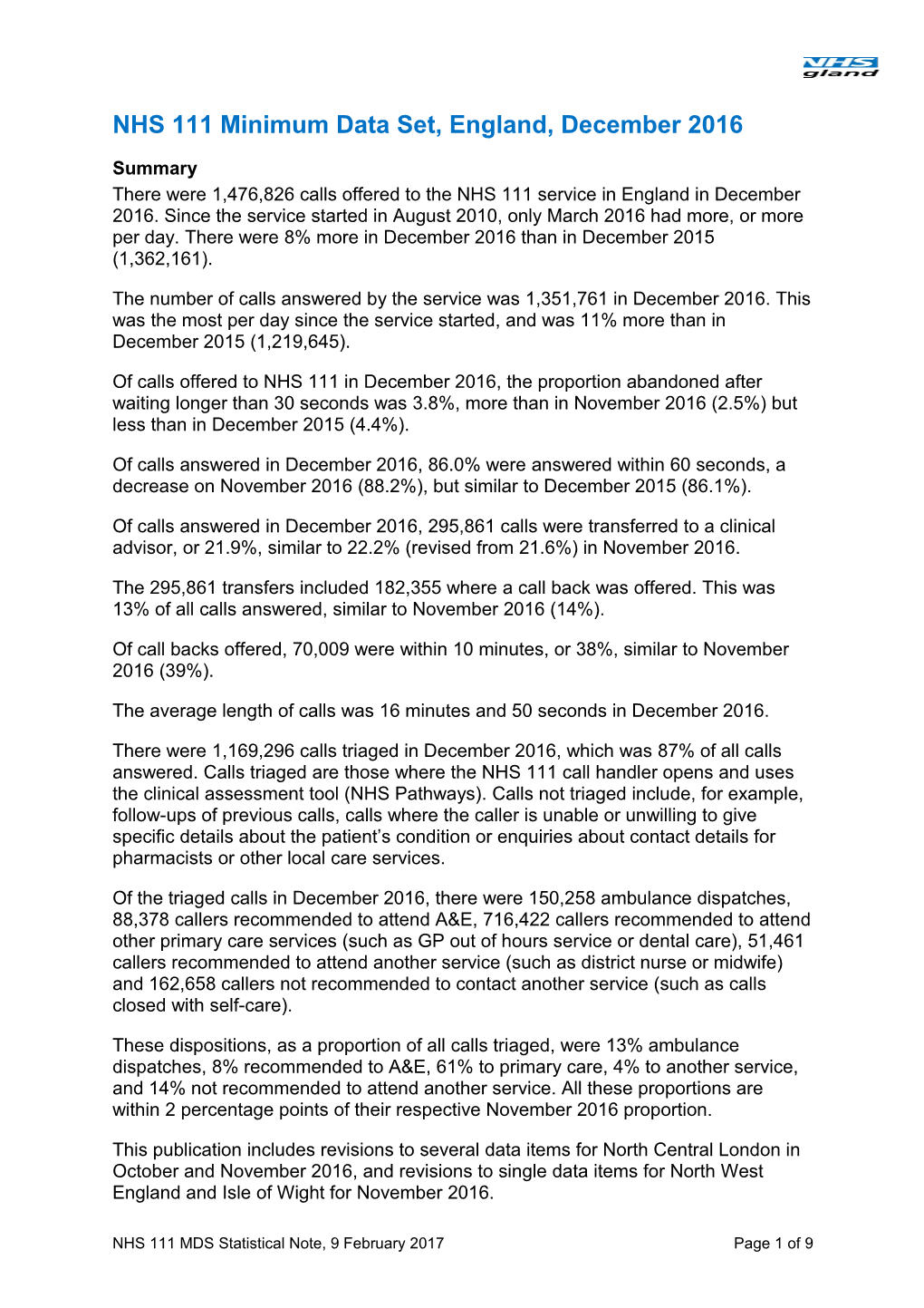 NHS 111 Minimum Data Set, England, December 2016