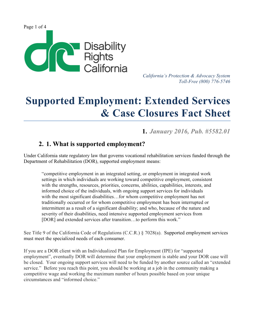 Supported Employment: Extended Services & Case Closures Fact Sheet