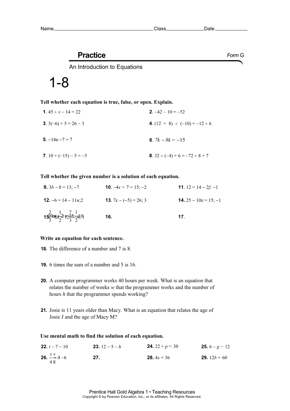 Tell Whether Each Equation Is True, False, Or Open. Explain