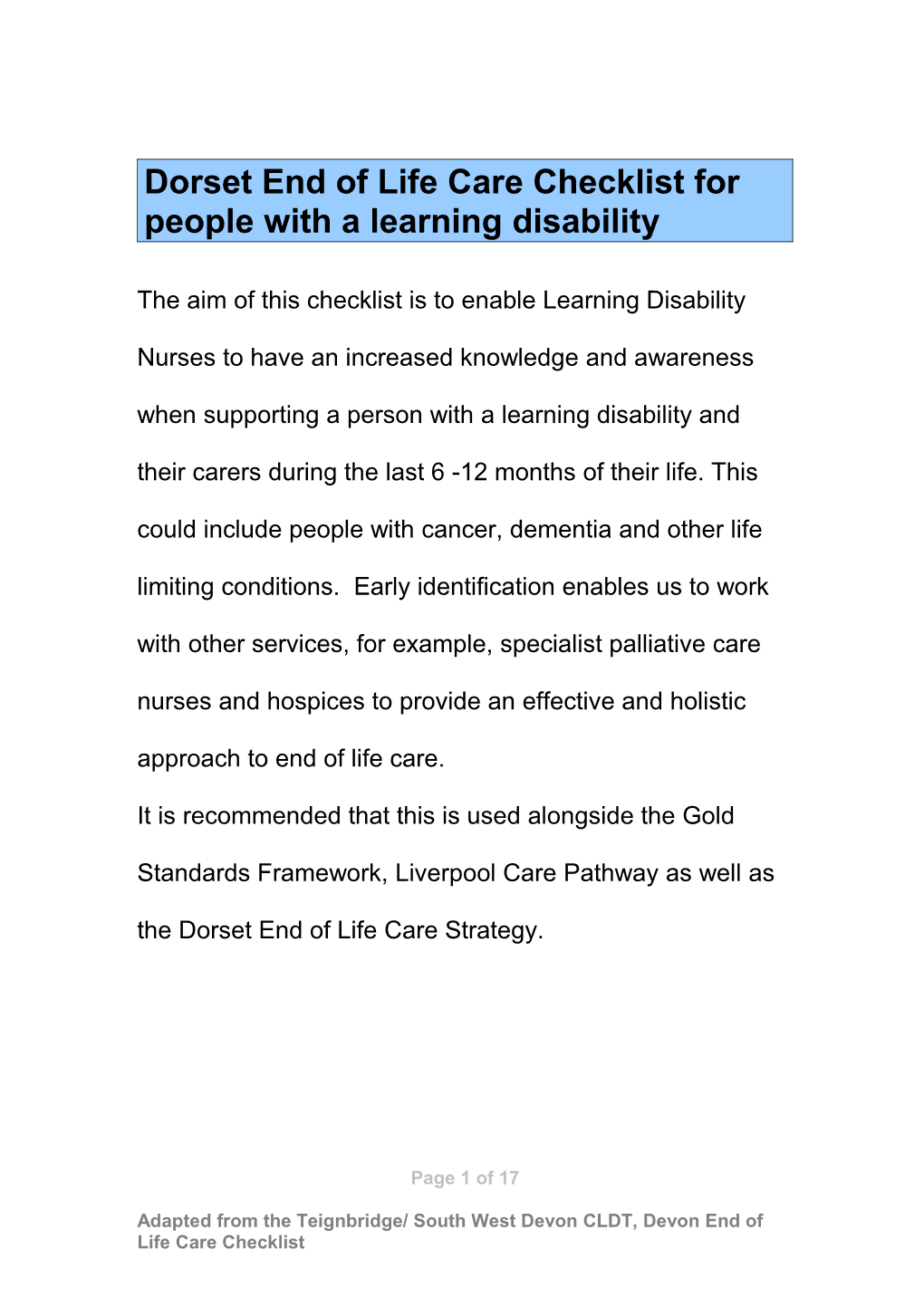 Dorset End of Life Care Checklist for People with a Learning Disability