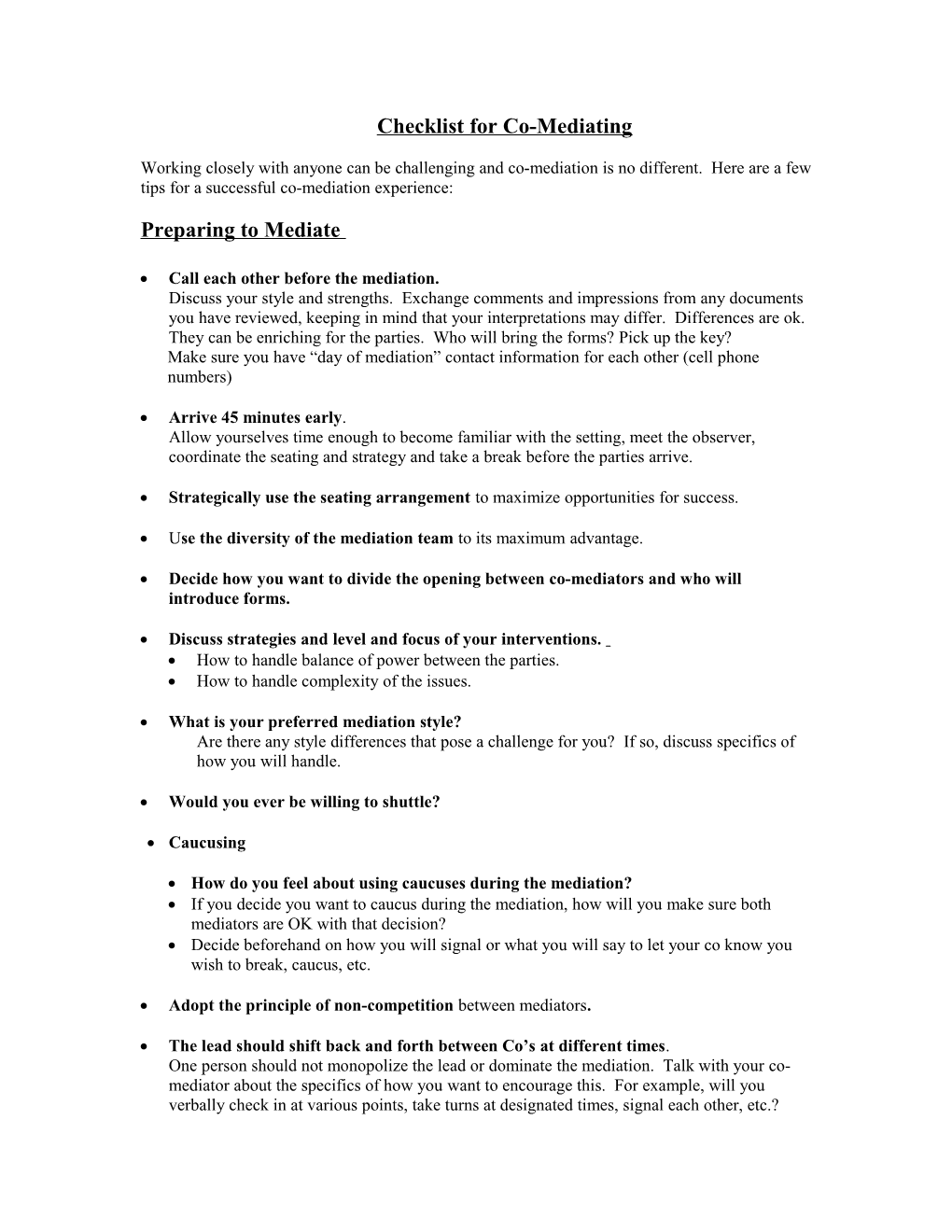 Checklist for Co-Mediating