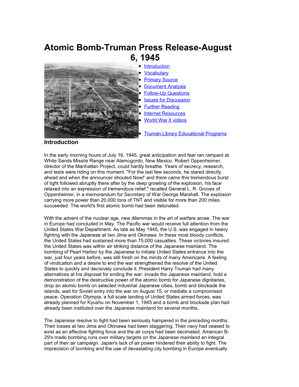 Atomic Bomb-Truman Press Release-August 6, 1945